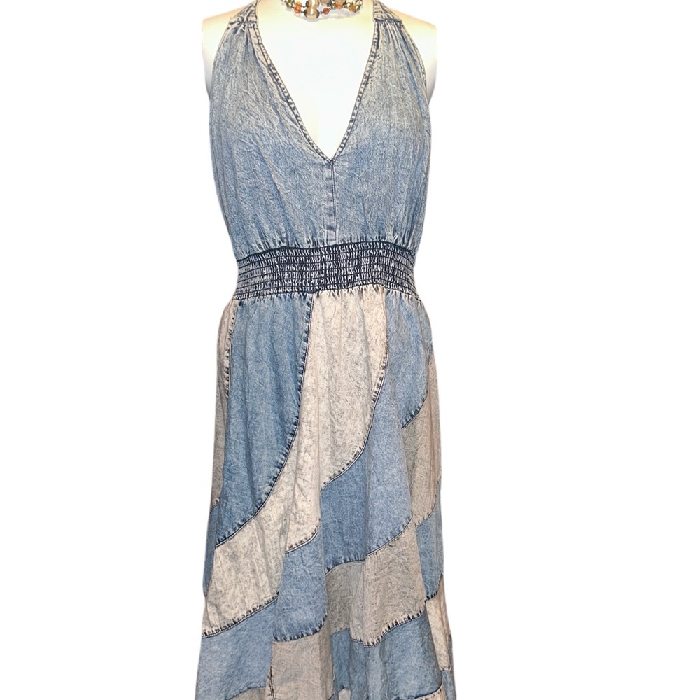 Young Threads, Chic Denim and White Midi halter Dress, XL